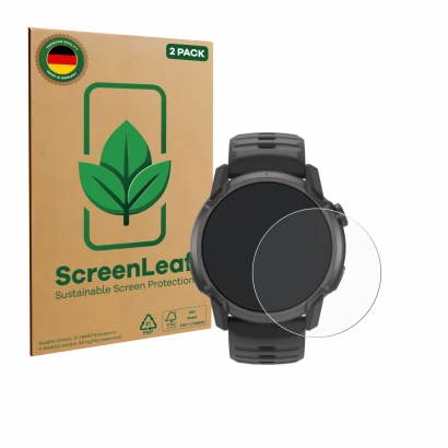 Front side of a product packaging with the brand logo ScreenLeaf. Next to it is the device Coros Apex 4 (42 mm) shown with the