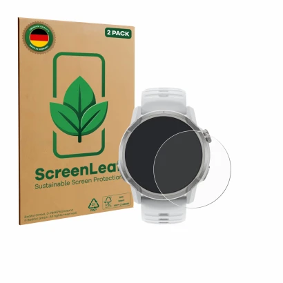 Front side of a product packaging with the brand logo ScreenLeaf. Next to it is the device Coros Apex 4 (46 mm) shown with the