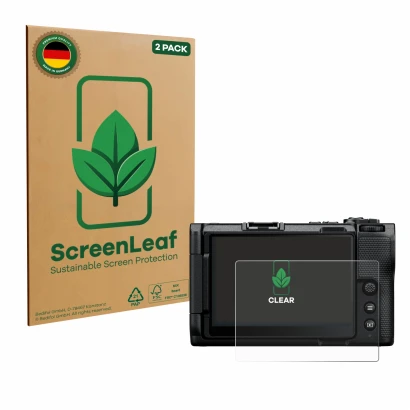 Front side of a product packaging with the brand logo ScreenLeaf. Next to it is the device Nikon ZR shown with the correspondi