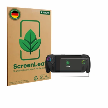 Front side of a product packaging with the brand logo ScreenLeaf. Next to it is the device ASUS ROG Ally X 2025 shown with the