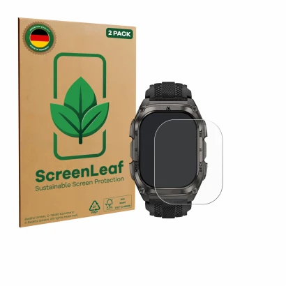 Front side of a product packaging with the brand logo ScreenLeaf. Next to it is the device Kospet Tank M4 shown with the corre