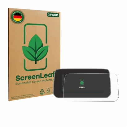 Front side of a product packaging with the brand logo ScreenLeaf. Next to it is the device Mazda CX-5 2020 shown with the corr