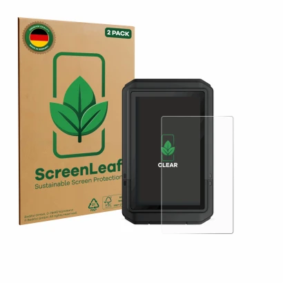 Front side of a product packaging with the brand logo ScreenLeaf. Next to it is the device Garmin eTrex Touch 2025 shown with 