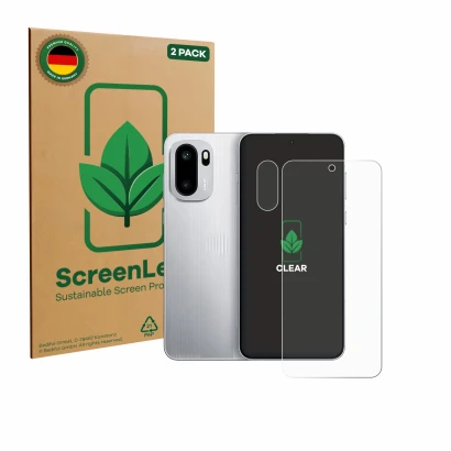 Front side of a product packaging with the brand logo ScreenLeaf. Next to it is the device OnePlus 15R (Front+Camera) shown wi