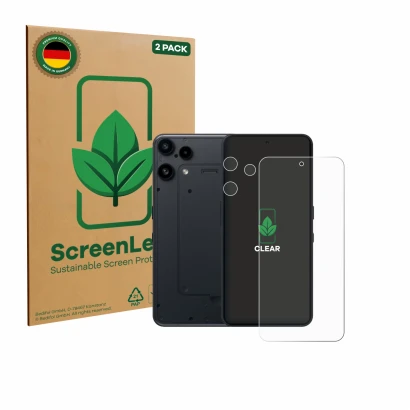 Front side of a product packaging with the brand logo ScreenLeaf. Next to it is the device Nothing Phone (3a) Lite (Front+Came