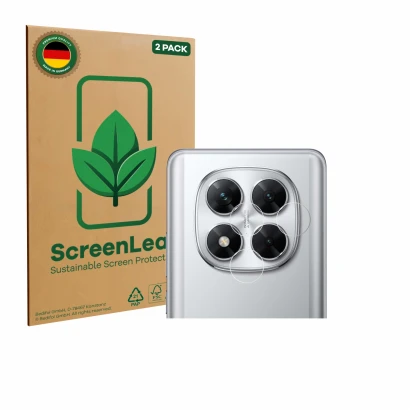 Front side of a product packaging with the brand logo ScreenLeaf. Next to it is the device Xiaomi Poco X7 (ONLY Camera Lens) s