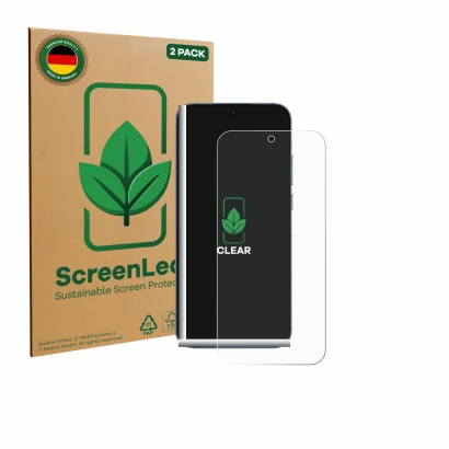 Front side of a product packaging with the brand logo ScreenLeaf. Next to it is the device realme GT 8 Pro shown with the corr