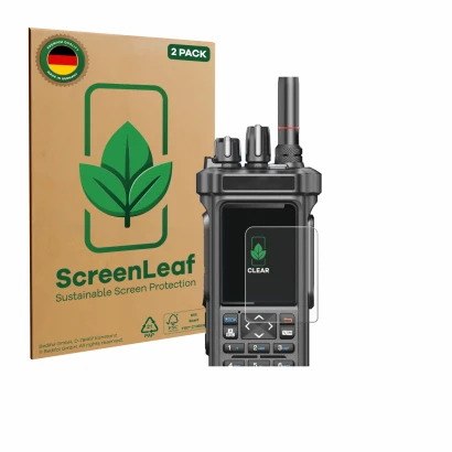 Front side of a product packaging with the brand logo ScreenLeaf. Next to it is the device Radtel RT-950 Pro shown with the co