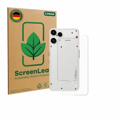 Front side of a product packaging with the brand logo ScreenLeaf. Next to it is the device Nothing Phone (3a) Lite (Back) show