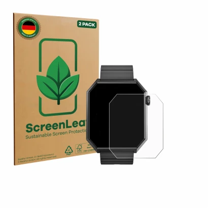 Front side of a product packaging with the brand logo ScreenLeaf. Next to it is the device Rollme Edge shown with the correspo