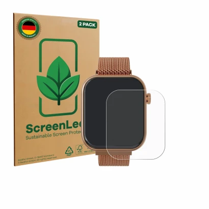 Front side of a product packaging with the brand logo ScreenLeaf. Next to it is the device Techmade M-GLAM011 1.75" shown with