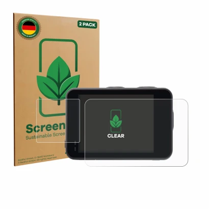 Front side of a product packaging with the brand logo ScreenLeaf. Next to it is the device Akaso Brave 7 shown with the corres