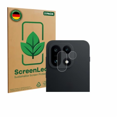 Front side of a product packaging with the brand logo ScreenLeaf. Next to it is the device OnePlus 15 (ONLY Camera Lens) shown