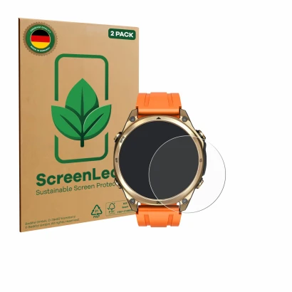 Front side of a product packaging with the brand logo ScreenLeaf. Next to it is the device Doogee Anywise W1 shown with the co