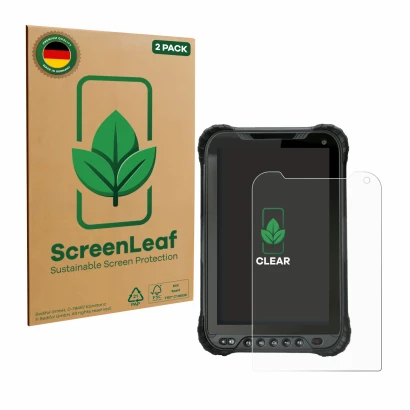 Front side of a product packaging with the brand logo ScreenLeaf. Next to it is the device Unitech TB85 Plus shown with the co