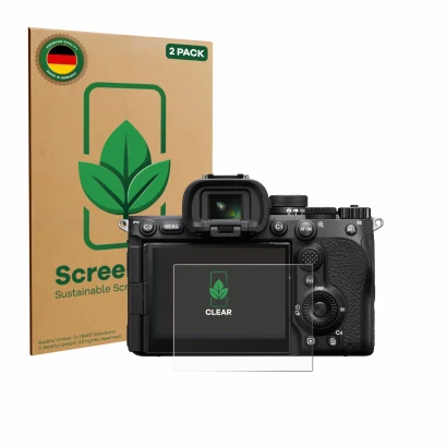 Front side of a product packaging with the brand logo ScreenLeaf. Next to it is the device Sony Alpha 7 V (ILCE-7M5) shown wit