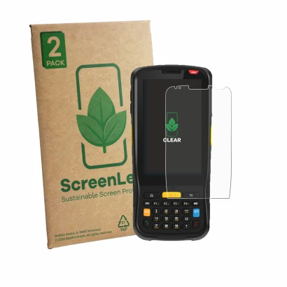 Front side of a product packaging with the brand logo ScreenLeaf. Next to it is the device Newland MT65 Beluga V shown with th
