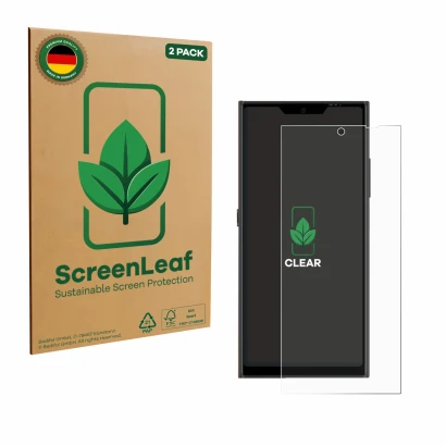 Front side of a product packaging with the brand logo ScreenLeaf. Next to it is the device Jolla Phone shown with the correspo