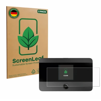 Front side of a product packaging with the brand logo ScreenLeaf. Next to it is the device TP-Link M7350 shown with the corres