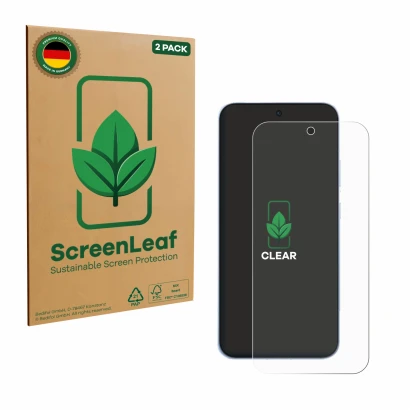 Front side of a product packaging with the brand logo ScreenLeaf. Next to it is the device Oppo Reno 15c shown with the corres