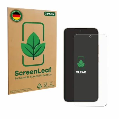 Front side of a product packaging with the brand logo ScreenLeaf. Next to it is the device Honor Magic 8 Lite shown with the c