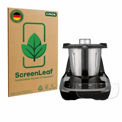 Front side of a product packaging with the brand logo ScreenLeaf. Next to it is the device SilverCrest Monsieur Cuisine compac