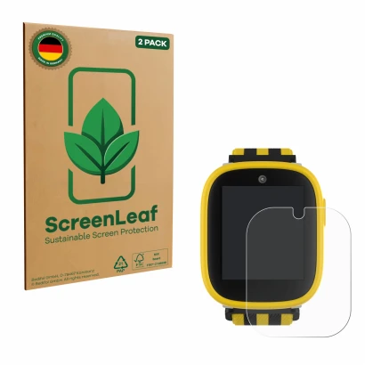 Front side of a product packaging with the brand logo ScreenLeaf. Next to it is the device Xplora X6 Play BVB-Edition shown wi