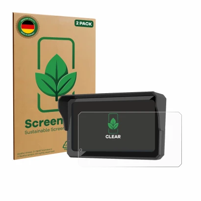 Front side of a product packaging with the brand logo ScreenLeaf. Next to it is the device Carpuride W602BS shown with the cor