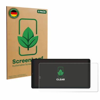 Front side of a product packaging with the brand logo ScreenLeaf. Next to it is the device Shelly Wall Display X2i shown with 