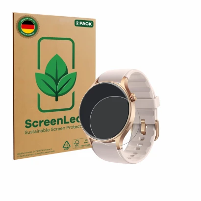 Front side of a product packaging with the brand logo ScreenLeaf. Next to it is the device aeac AR01 1.32" shown with the corr