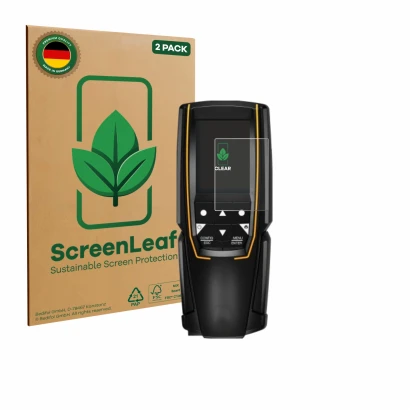 Front side of a product packaging with the brand logo ScreenLeaf. Next to it is the device Testo 310 (2nd Gen.) shown with the