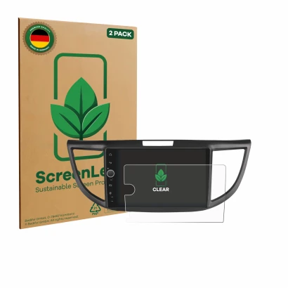 Front side of a product packaging with the brand logo ScreenLeaf. Next to it is the device Joying Car Radio 9