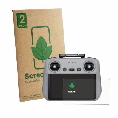 Front side of a product packaging with the brand logo ScreenLeaf. Next to it is the device DJI RC 2 2025 shown with the corres