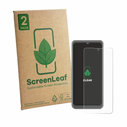 Front side of a product packaging with the brand logo ScreenLeaf. Next to it is the device Sonim XP Pro Thermal shown with the