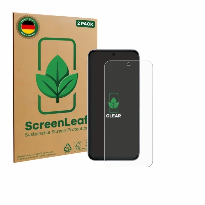 Front side of a product packaging with the brand logo ScreenLeaf. Next to it is the device Vivo Y500i shown with the correspon