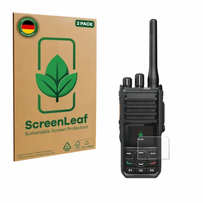 Front side of a product packaging with the brand logo ScreenLeaf. Next to it is the device Hytera HP565 shown with the corresp