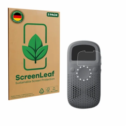 Front side of a product packaging with the brand logo ScreenLeaf. Next to it is the device Relay X shown with the correspondin