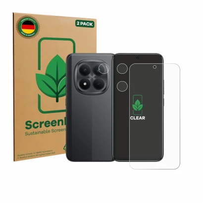 Front side of a product packaging with the brand logo ScreenLeaf. Next to it is the device Xiaomi Poco M8 Pro (Front+Camera) s