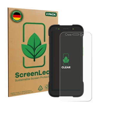 Front side of a product packaging with the brand logo ScreenLeaf. Next to it is the device Zebra TC701 shown with the correspo