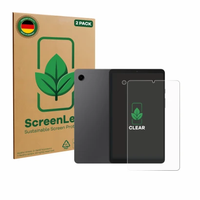 Front side of a product packaging with the brand logo ScreenLeaf. Next to it is the device Samsung Galaxy Tab A9 (Front+Camera