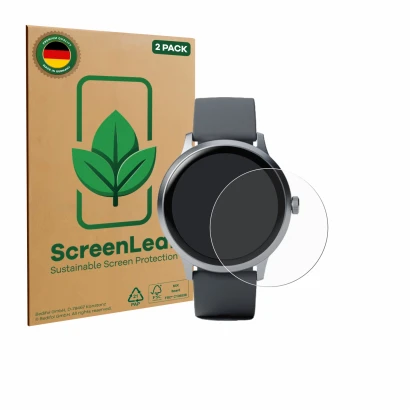 Front side of a product packaging with the brand logo ScreenLeaf. Next to it is the device Pebble Round 2 shown with the corre
