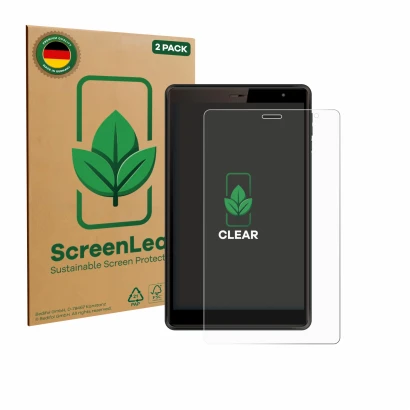 Front side of a product packaging with the brand logo ScreenLeaf. Next to it is the device Logicom Tab 80 8