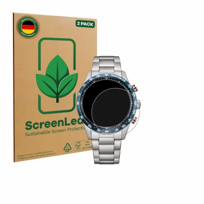 Front side of a product packaging with the brand logo ScreenLeaf. Next to it is the device Citizen CA4716-50L shown with the c