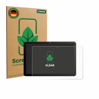 Front side of a product packaging with the brand logo ScreenLeaf. Next to it is the device Rebecco Z50 10.1
