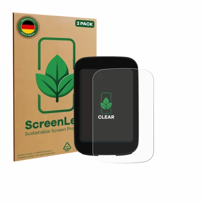Front side of a product packaging with the brand logo ScreenLeaf. Next to it is the device Bikevee ‎BKV300B 2.4" shown with th