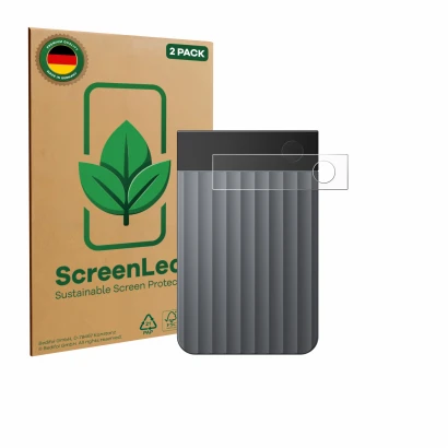 Front side of a product packaging with the brand logo ScreenLeaf. Next to it is the device PLAUD Note Pro shown with the corre