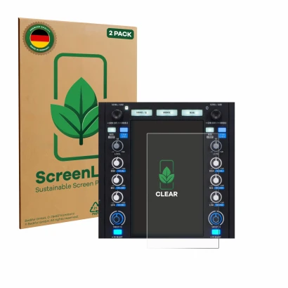 Front side of a product packaging with the brand logo ScreenLeaf. Next to it is the device Rane System One shown with the corr