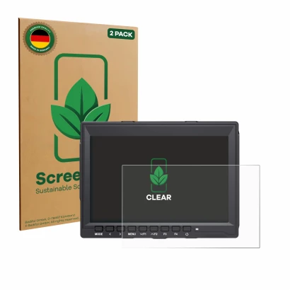 Front side of a product packaging with the brand logo ScreenLeaf. Next to it is the device Feelworld FW759 7" shown with the c