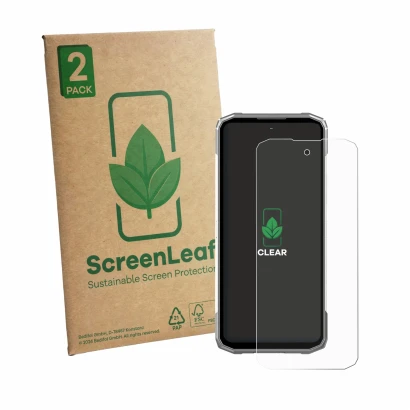 Front side of a product packaging with the brand logo ScreenLeaf. Next to it is the device Doogee Blade 20 Max shown with the 