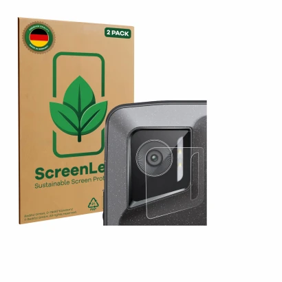 Front side of a product packaging with the brand logo ScreenLeaf. Next to it is the device Crosscall Stellar M6E (ONLY Camera 